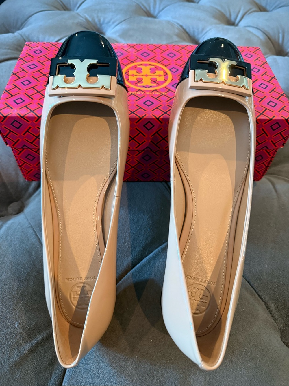 Tory Burch Two-Tone Patent Cap-Toe Flats in Beige and Black with Gold Logo